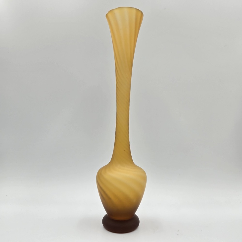Rare VTG 11.5" MCM Amber Swirl Twisted Footed‎ Fluted Frosted Bud Vase Art Glass